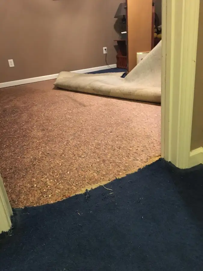 Carpet pad removal revealing water damage during Water Mitigation Services in Powder Springs